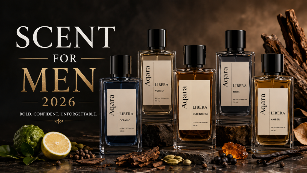 Scent for men collection featuring Aqara-style luxury perfume bottles with masculine fragrance ingredients and premium dark styling