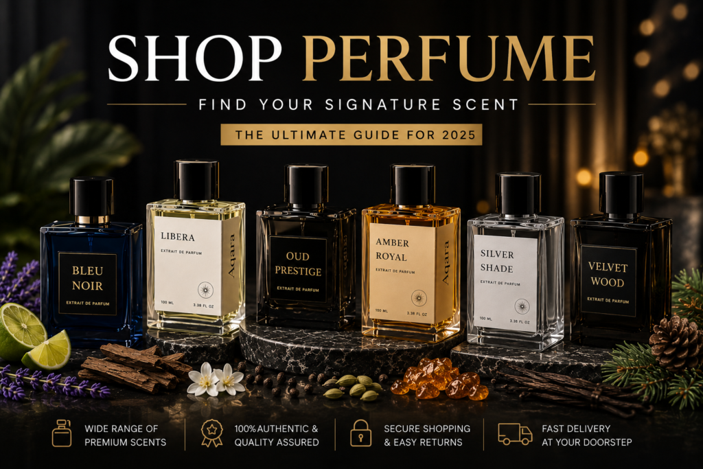 Shop perfume collection featuring luxury fragrance bottles with elegant premium styling