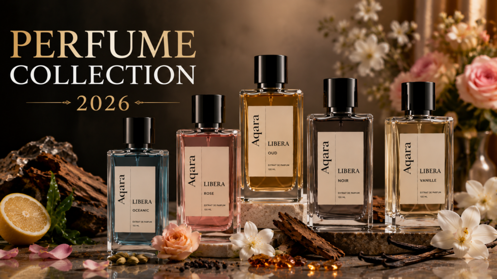 Perfume collection featuring multiple Aqara-style luxury perfume bottles with premium fragrance ingredients and elegant styling