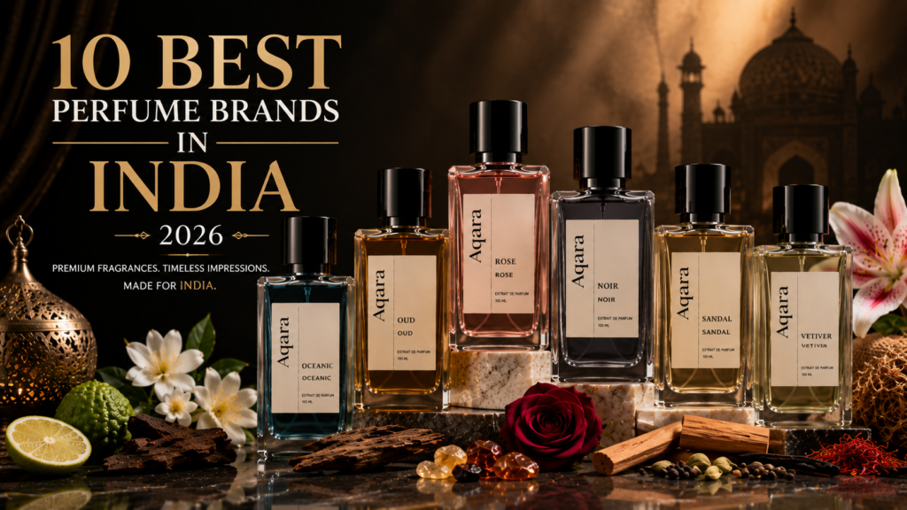 Best perfume brands in India featuring Aqara-style luxury perfume bottles with premium fragrance ingredients and elegant styling