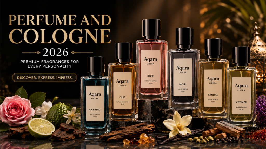 Perfume and cologne collection featuring Aqara LIBERA-style luxury bottles with premium fragrance ingredients and elegant styling