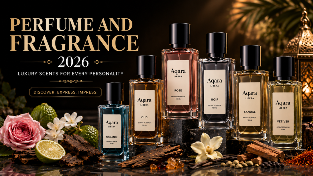Perfumes and fragrances collection featuring Aqara LIBERA-style luxury perfume bottles with elegant fragrance ingredients and premium styling