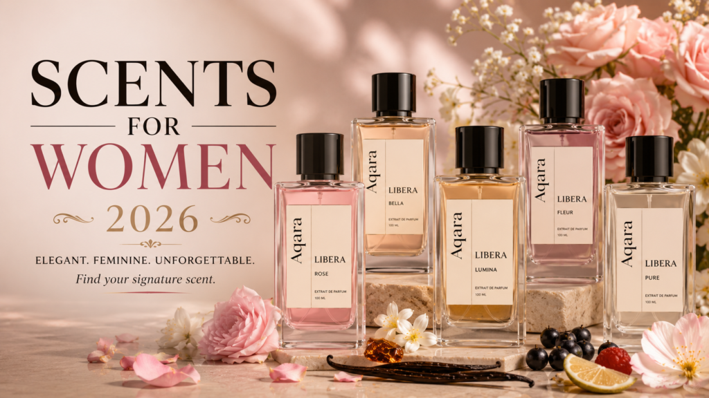 Scents for women featuring elegant perfume bottles with floral elements and luxury feminine fragrance styling