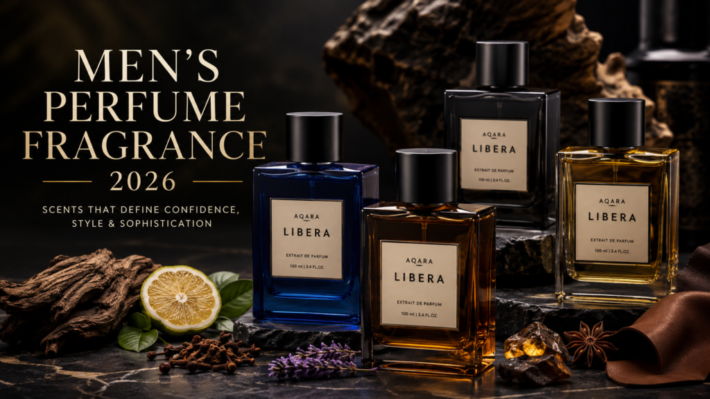 Men's perfume fragrance collection featuring Aqara LIBERA-style luxury perfume bottles with masculine fragrance elements and premium dark styling