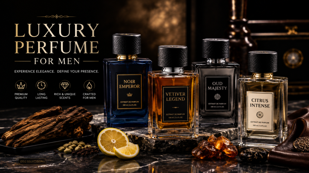 Luxury perfume for men collection featuring Aqara LIBERA-style premium fragrance bottles with masculine ingredients and elegant dark styling