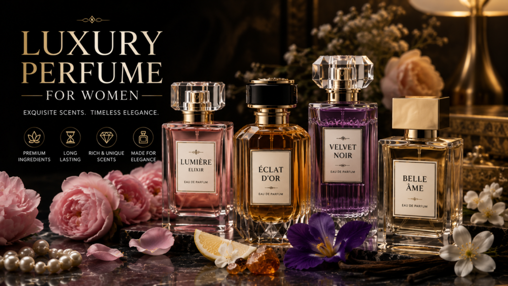 Luxury perfume for women collection featuring elegant premium fragrance bottles with floral and oriental ingredients