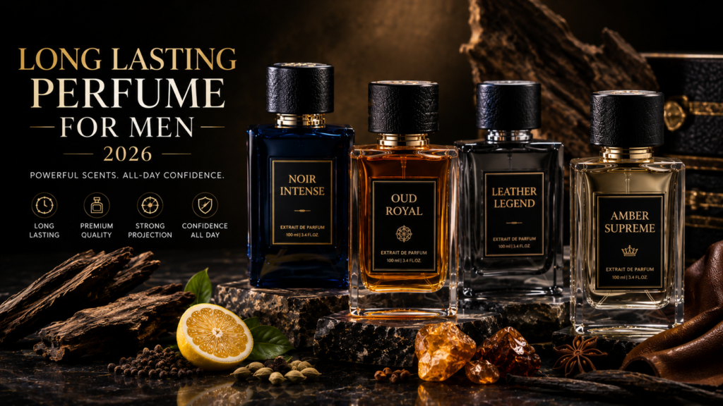 Long lasting perfume for men collection featuring premium masculine fragrance bottles with woody and oriental ingredients