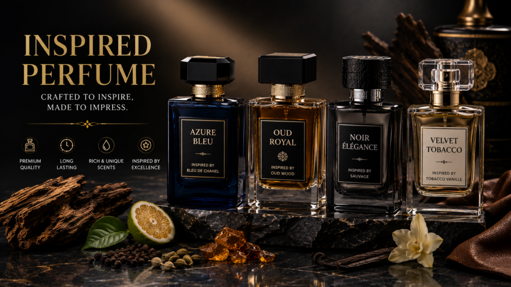 Inspired perfume collection featuring elegant luxury fragrance bottles with premium ingredients and sophisticated styling