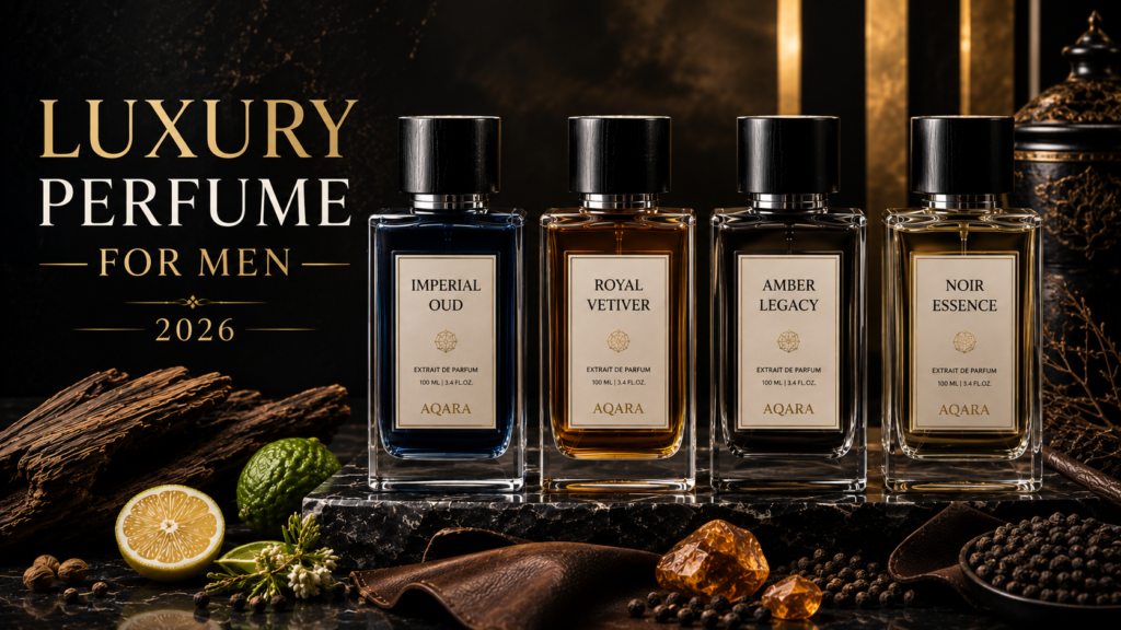 Luxury perfume for men collection featuring premium masculine fragrance bottles with elegant dark luxury styling