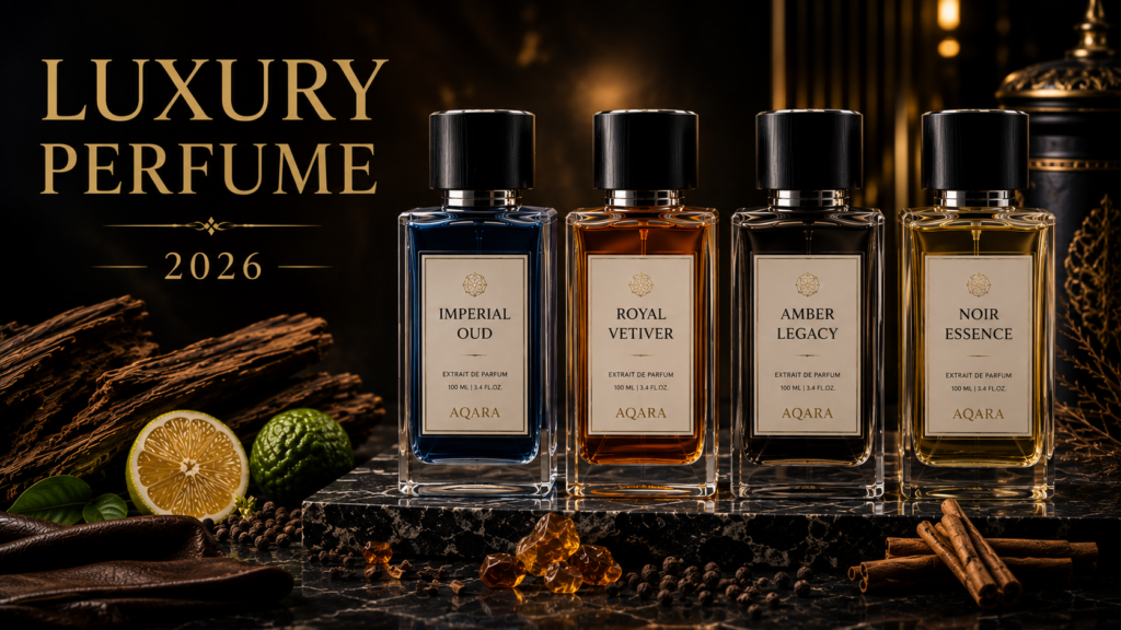 Luxury perfume collection featuring premium fragrance bottles with elegant ingredients and luxury styling