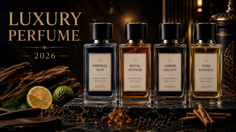 Luxury perfume collection featuring premium fragrance bottles with elegant ingredients and luxury styling