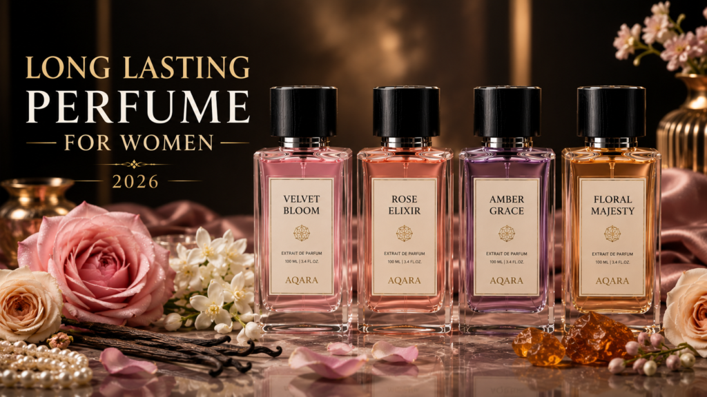 Long lasting perfume for women collection featuring elegant luxury fragrance bottles with floral and oriental ingredients