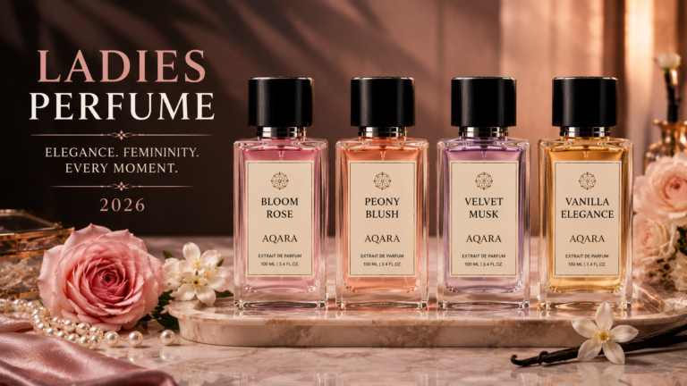 Ladies perfume collection featuring elegant luxury fragrance bottles with floral and feminine ingredients