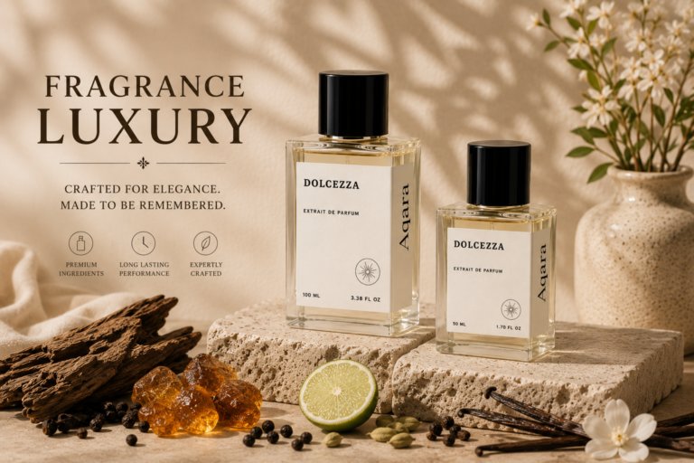 Fragrance luxury perfume collection featuring premium AQARA-style perfume bottles in an elegant setting