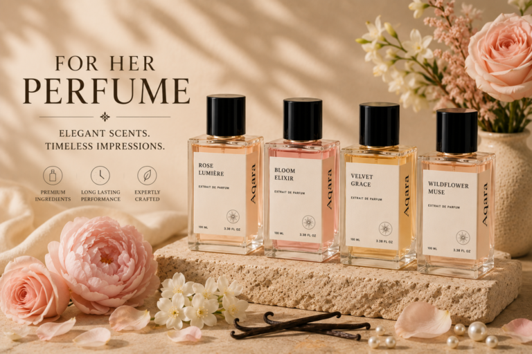 For her perfume collection featuring elegant AQARA-style fragrance bottles with feminine floral ingredients