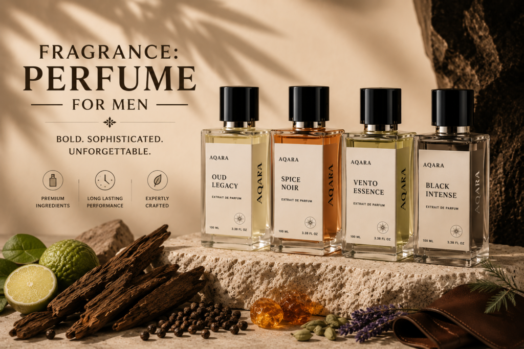 Fragrance perfume for men collection featuring premium AQARA-style perfume bottles with masculine fragrance ingredients