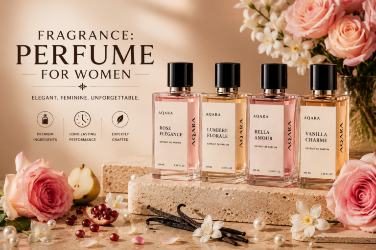 Fragrance perfume for women collection featuring AQARA-style luxury perfume bottles with floral and feminine ingredients