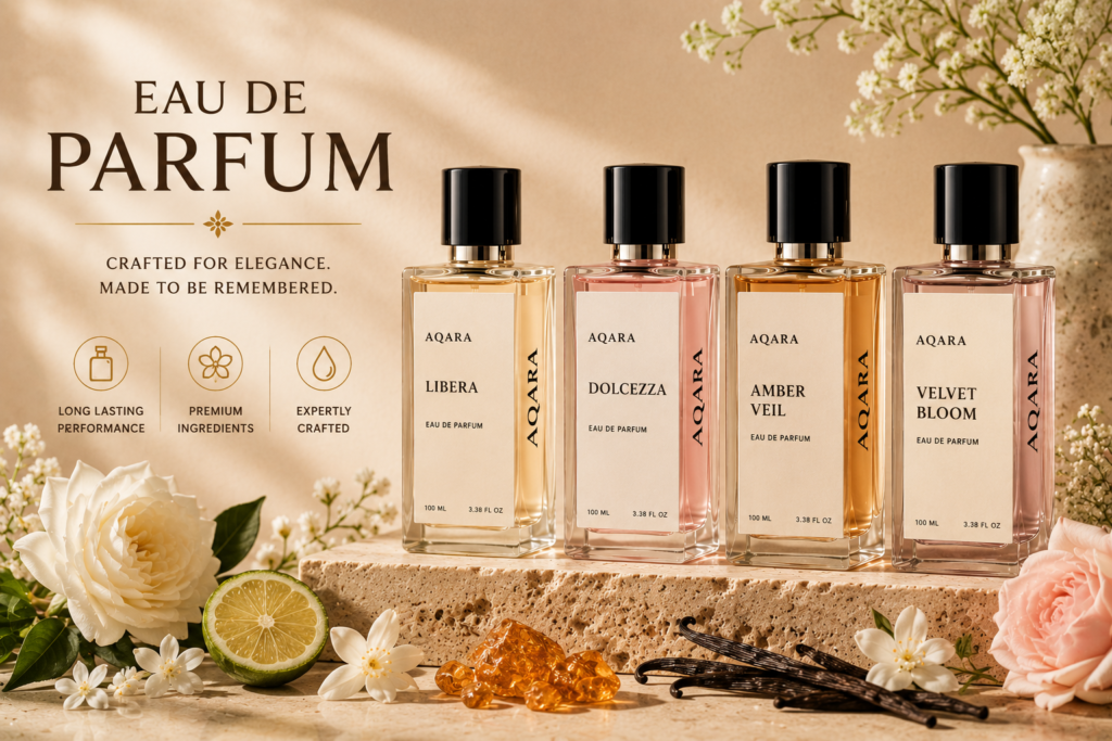 Eau de Parfum collection featuring premium AQARA-style luxury perfume bottles with elegant fragrance ingredients
