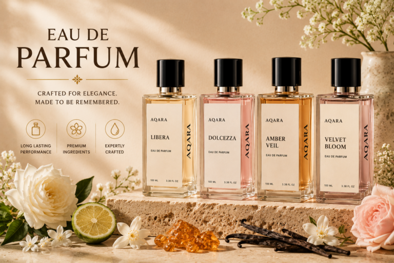 Eau de Parfum collection featuring premium AQARA-style luxury perfume bottles with elegant fragrance ingredients
