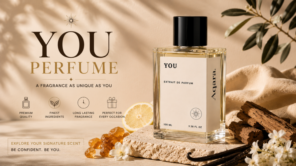 You perfume by AQARA displayed in a premium luxury editorial setting