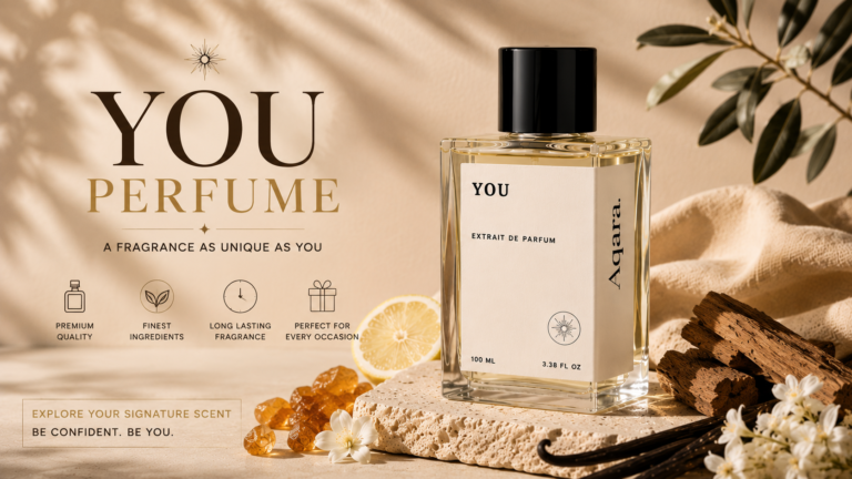 You perfume by AQARA displayed in a premium luxury editorial setting