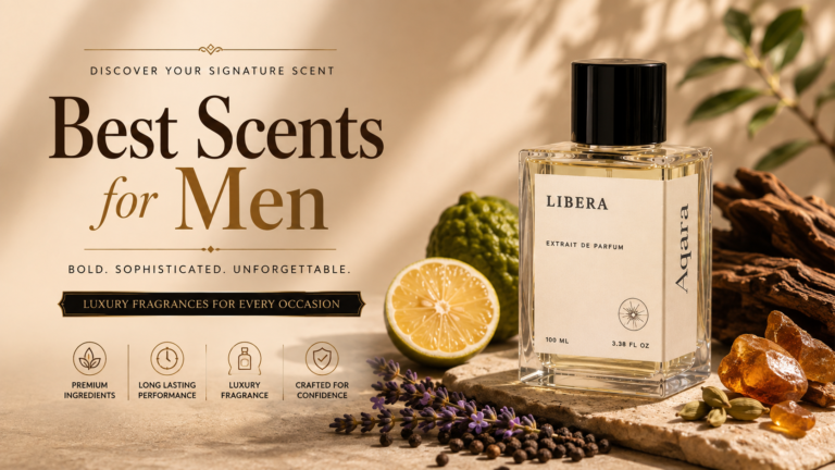 Best scents for men by AQARA featuring a premium luxury perfume bottle.